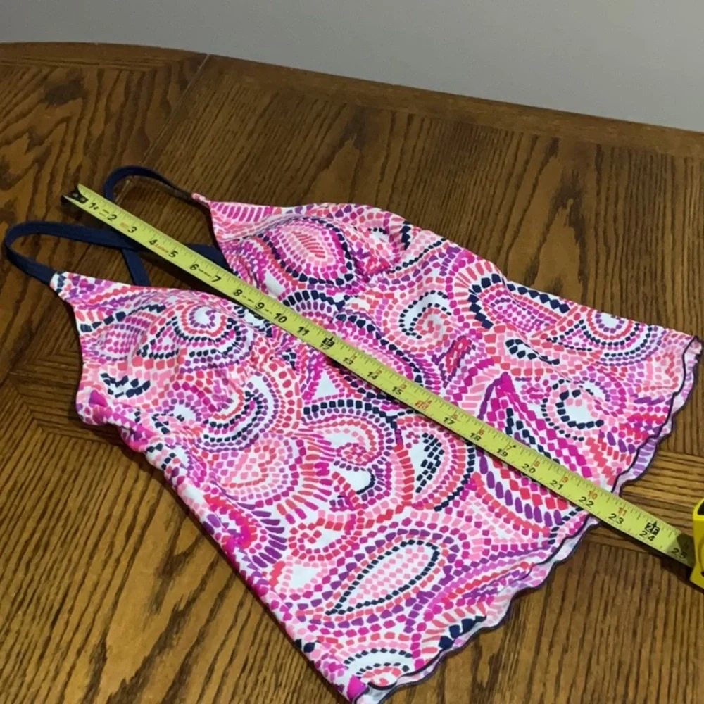Swim bathing suit top pretty in pinks & purples with navy blue trim size 8